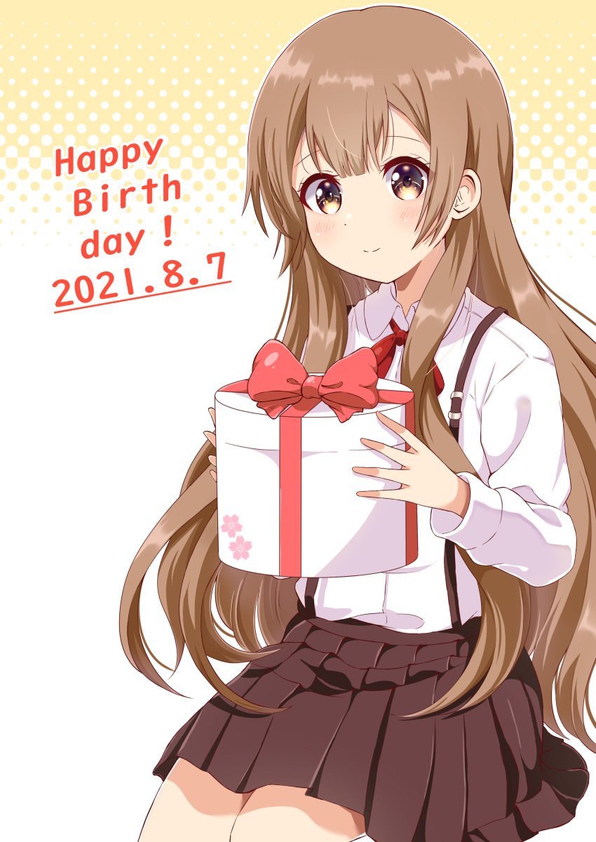 1girl absurdres bangs birthday black_skirt blunt_bangs brown_hair commentary_request dated dress_shirt english_text gift happy_birthday highres holding holding_gift looking_at_viewer oomuro_hanako red_ribbon ribbon shirt skirt smile solo suspender_skirt suspenders wata9mm_no yuru_yuri