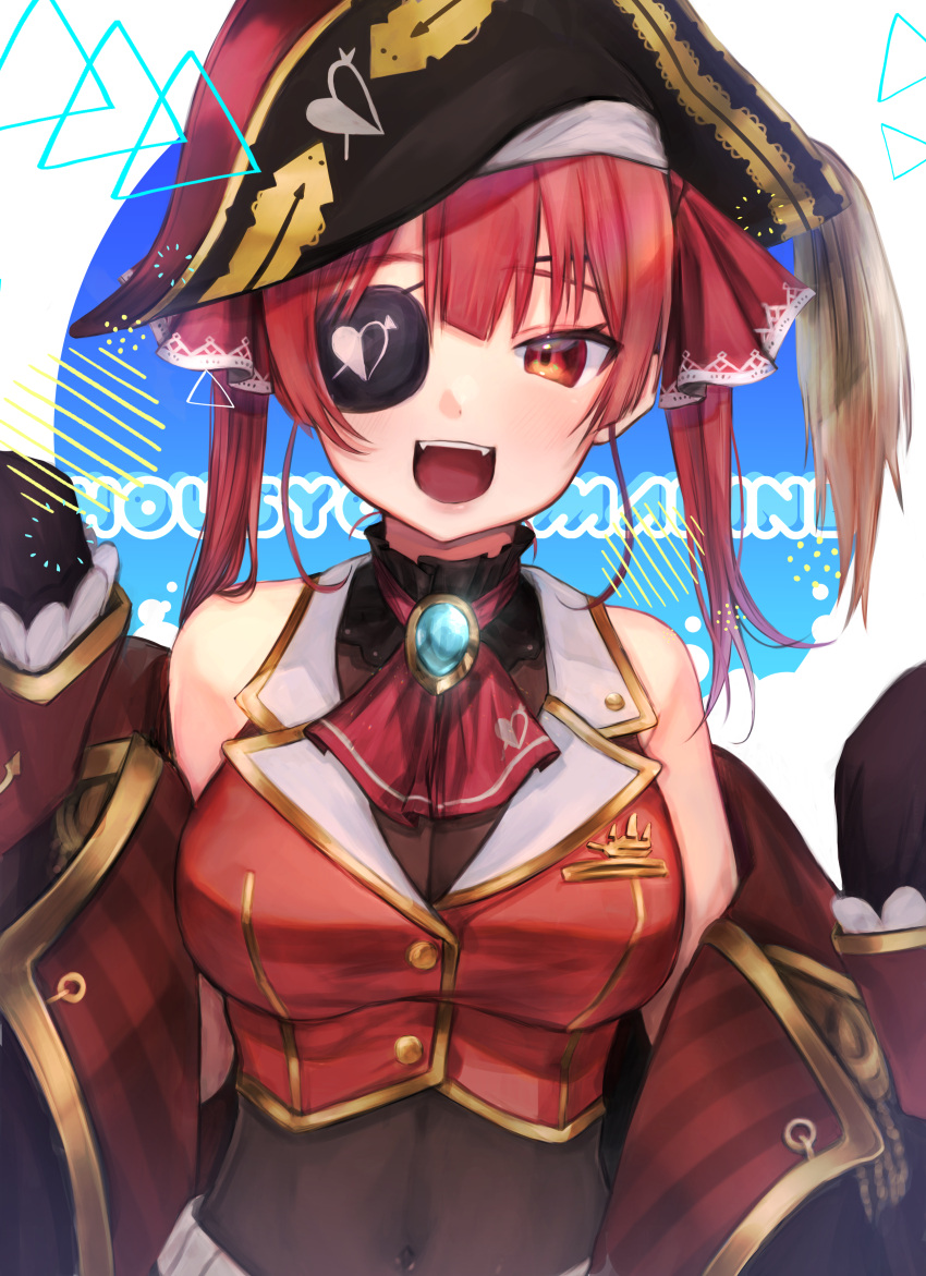 1girl :d absurdres arrow_through_heart ascot bicorne black_coat black_eyepatch black_headwear breasts brooch character_name coat covered_navel cropped_jacket eyepatch frilled_shirt_collar frills gold_trim hair_ribbon hat highres hololive houshou_marine jacket jewelry large_breasts leotard leotard_under_clothes long_hair looking_at_viewer midriff off_shoulder open_mouth pirate pirate_hat red_eyes red_jacket red_neckwear red_ribbon redhead ribbon sheer_leotard sleeveless sleeveless_jacket smile solo twintails virtual_youtuber