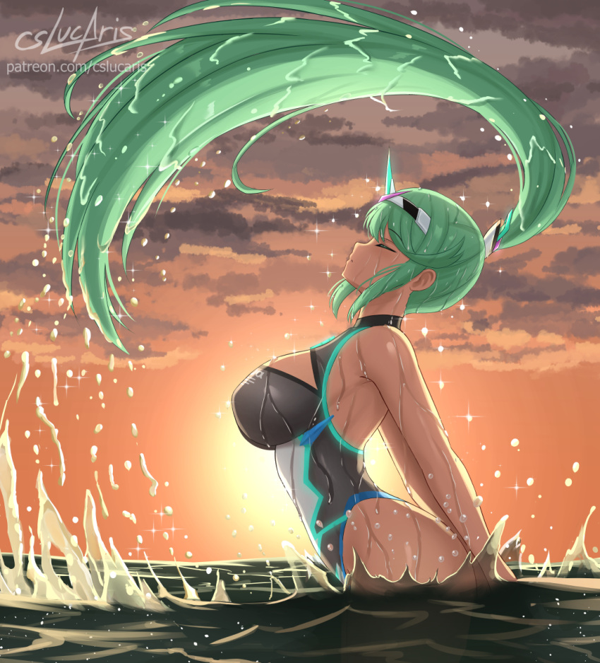 1girl armpits artist_name beach breasts cleavage_cutout closed_eyes clothing_cutout commentary cslucaris english_commentary eyebrows_visible_through_hair from_side green_hair hair_ornament highres large_breasts long_hair ocean one-piece_swimsuit patreon_username pneuma_(xenoblade) ponytail signature solo sunset swimsuit thighs water wet wet_clothes wet_hair xenoblade_chronicles_(series) xenoblade_chronicles_2