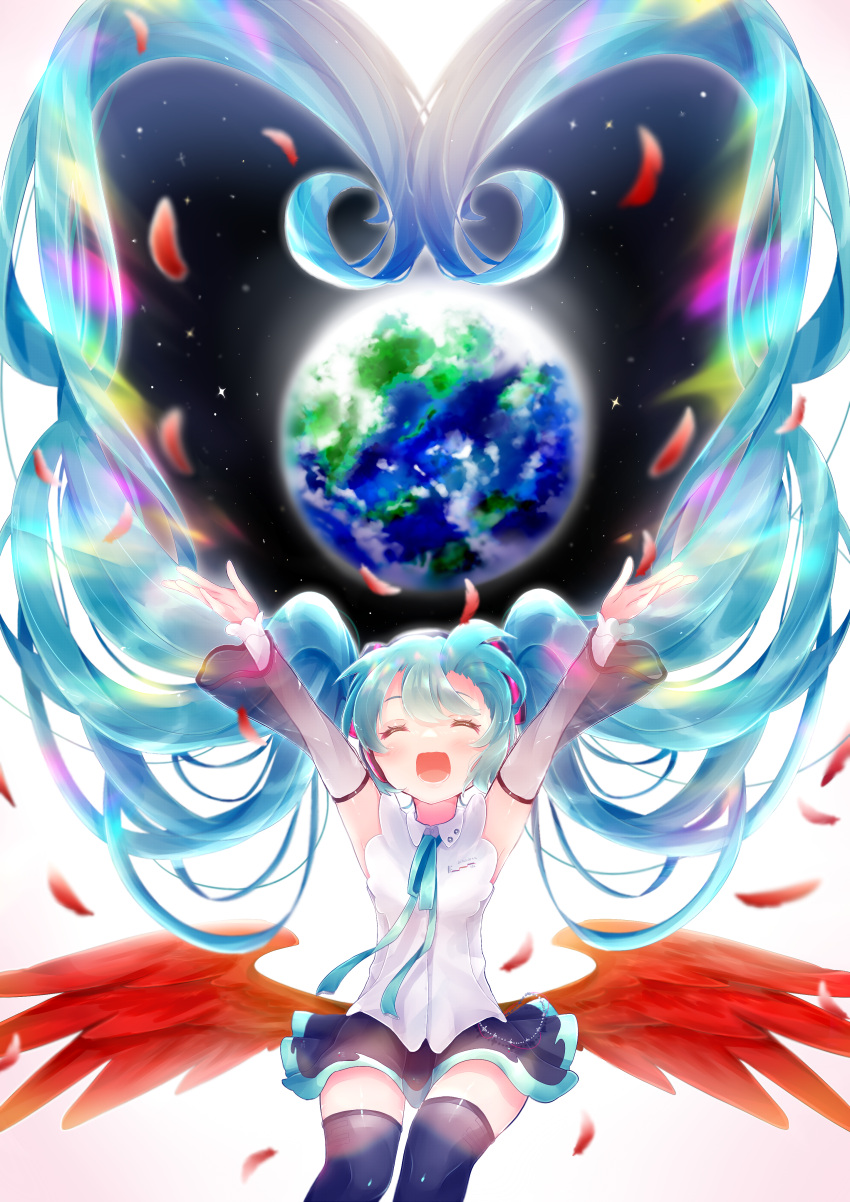 1girl absurdly_long_hair absurdres armpit_peek arms_up backlighting black_legwear black_skirt blue_hair blue_ribbon chain closed_eyes collared_shirt cowboy_shot detached_sleeves dot_nose double_exposure earth_(planet) eyelashes facing_viewer feathered_wings feathers floating_hair happy hatsune_miku hatsune_miku_(nt) highres koyubisennti laughing lens_flare light_blush long_hair lower_teeth neck_ribbon open_mouth planet red_feathers red_wings ribbon see-through_sleeves shiny shiny_hair shirt simple_background skirt sky sleeveless sleeveless_shirt solo space star_(sky) starry_sky teeth thigh-highs very_long_hair vocaloid white_background white_shirt wings zettai_ryouiki