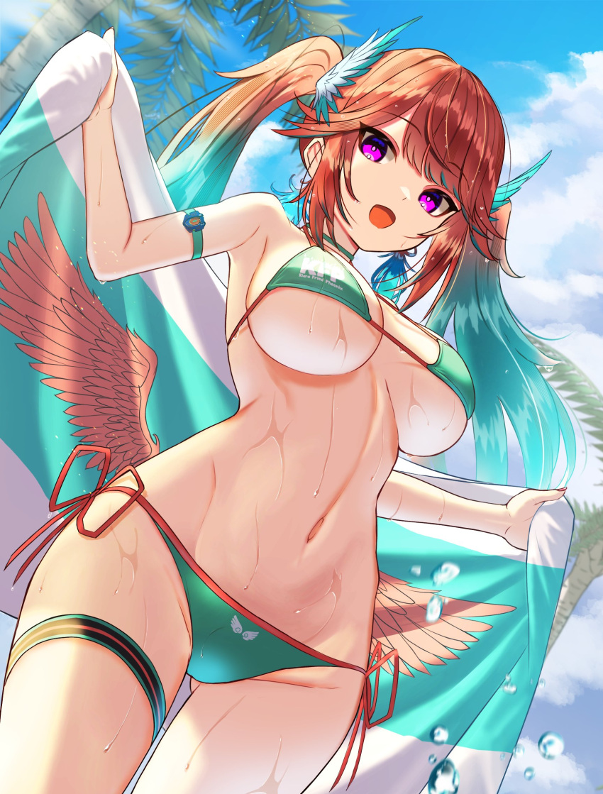 1girl alternate_hairstyle arm_strap bangs bikini breasts clouds cloudy_sky commentary_request cowboy_shot earrings english_commentary eyebrows_visible_through_hair feather_earrings feathers gradient_hair green_bikini green_hair halter_top halterneck highres holding holding_towel hololive hololive_english inari_(ambercrown) jewelry large_breasts long_hair looking_at_viewer mixed-language_commentary multicolored_hair navel open_mouth orange_hair palm_tree side-tie_bikini sidelocks sky smile solo standing stomach string_bikini swimsuit takanashi_kiara thigh_strap towel tree twintails under_boob violet_eyes virtual_youtuber wet