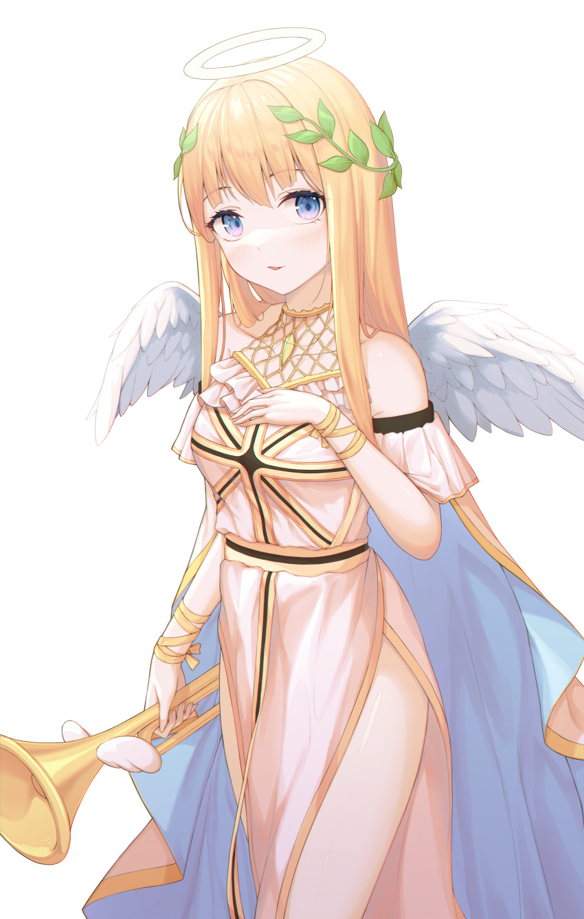 1girl absurdres angel angel_wings bare_shoulders blonde_hair blush cape dress eyebrows_visible_through_hair feet_out_of_frame halo hand_on_own_chest highres instrument legs long_hair looking_at_viewer off-shoulder_dress off_shoulder original parted_lips peng_kun short_sleeves sidelocks simple_background solo trumpet violet_eyes white_background white_cape white_dress wings