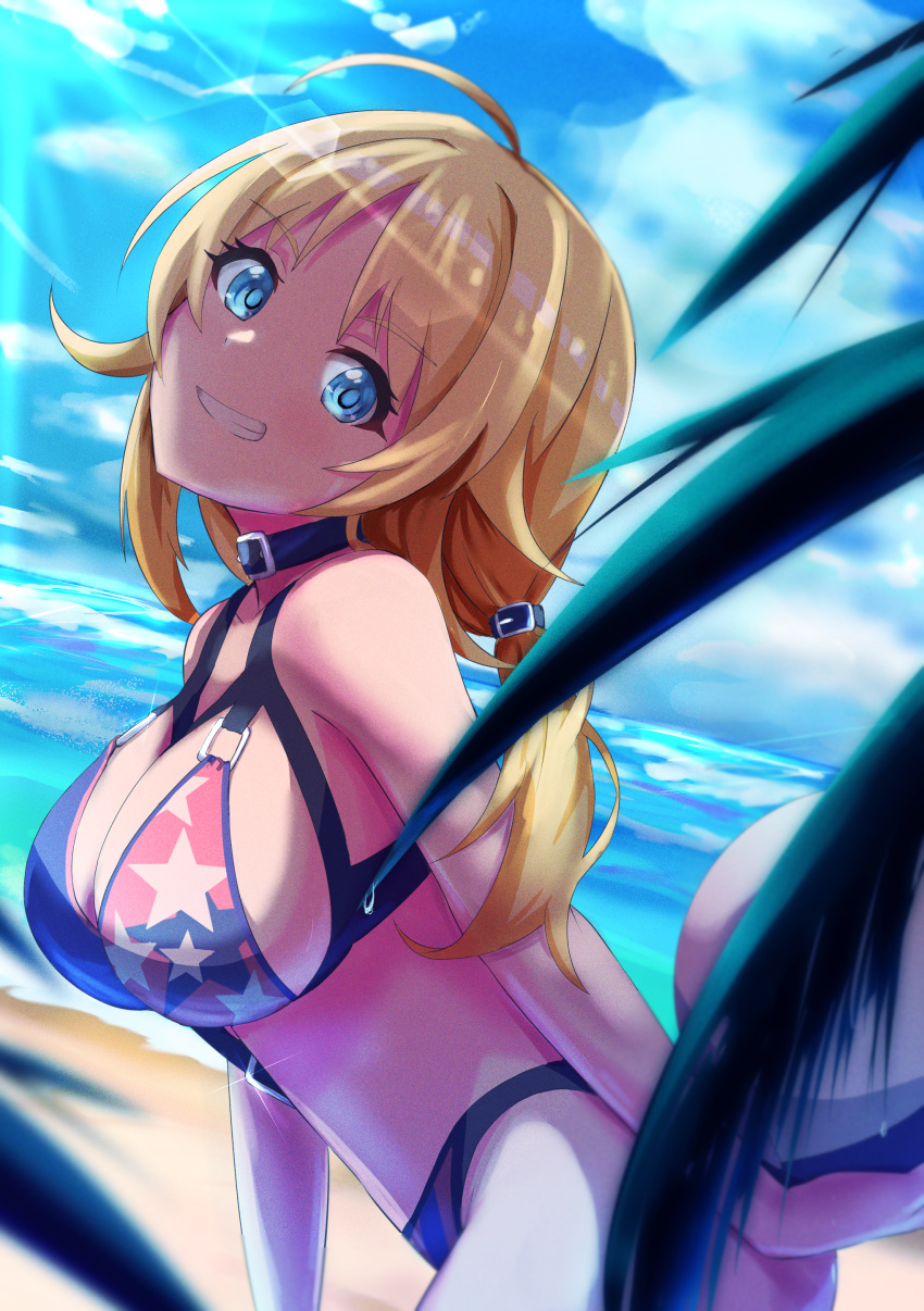 1girl absurdres ahoge ball beach beachball bikini blonde_hair blue_eyes blue_sky breasts commentary_request dutch_angle grin hachimiya_meguru highres huge_filesize idolmaster idolmaster_shiny_colors large_breasts lens_flare long_hair looking_at_viewer looking_to_the_side low_twintails ocean sanami_(sanami_t_38) sky smile solo swimsuit twintails
