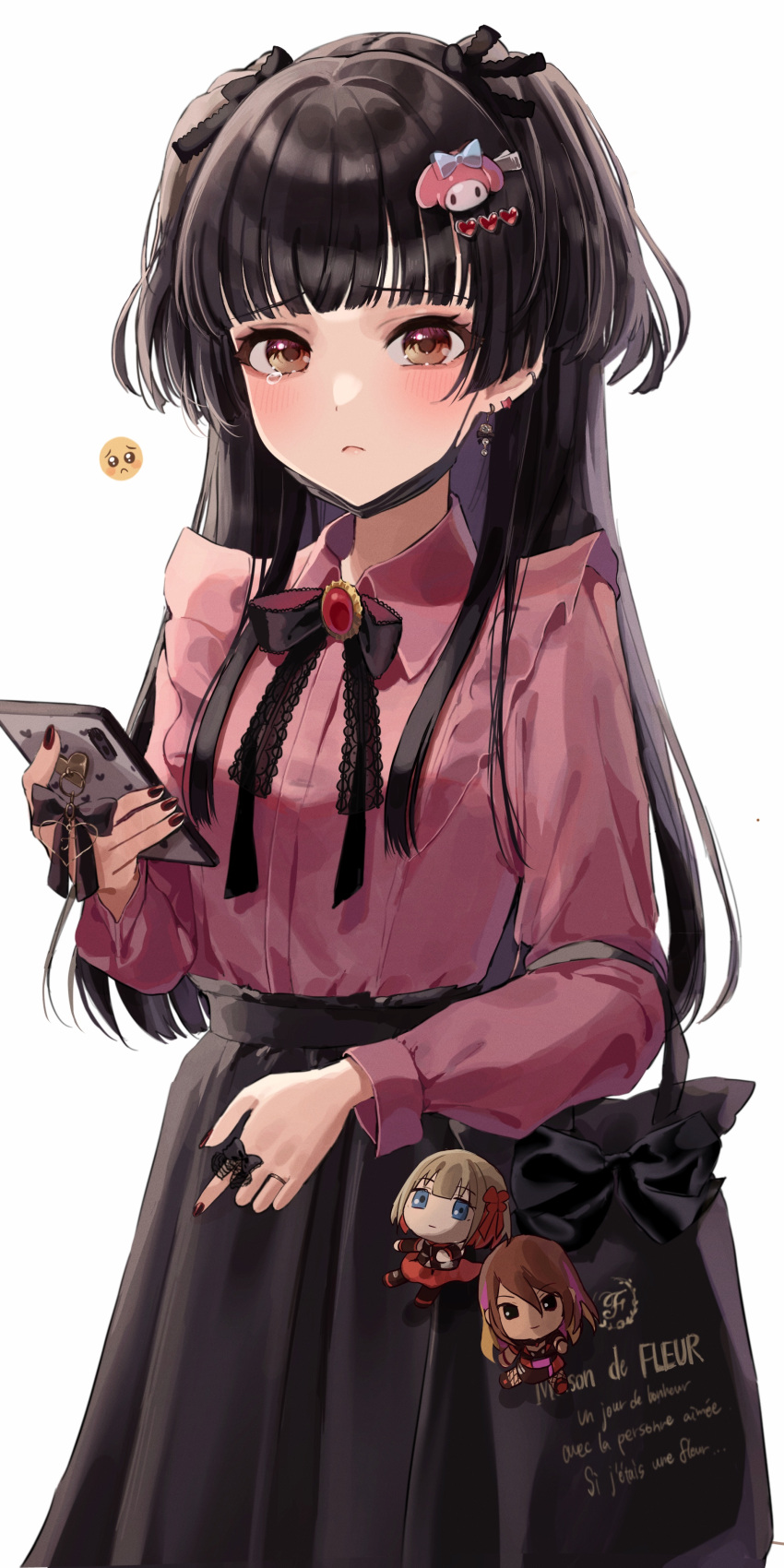 1girl absurdres bag bangs black_hair black_neckwear black_skirt blunt_bangs blush bow bowtie brooch brown_eyes cellphone character_doll collared_shirt cowboy_shot earrings emoticon french_text hair_ornament hairclip handbag heart heart_hair_ornament highres holding holding_phone idolmaster idolmaster_shiny_colors jewelry kudou_(sikisiki0000) long_hair long_sleeves looking_at_viewer mayuzumi_fuyuko nail_polish phone pleated_skirt red_nails red_shirt sad shirt shirt_tucked_in simple_background skirt smartphone solo symbol-only_commentary tears white_background
