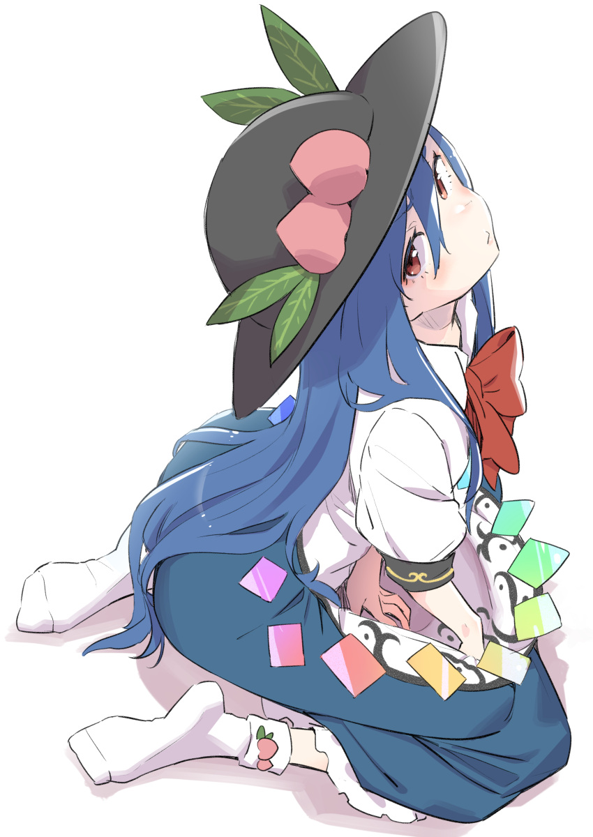 1girl absurdres ass bangs blouse blue_dress blue_hair bow bowtie closed_mouth collar dress eyebrows_visible_through_hair food frills fruit gloves grey_headwear hair_between_eyes hat highres hinanawi_tenshi kawayabug leaf long_hair looking_at_viewer peach puffy_short_sleeves puffy_sleeves rainbow red_bow red_eyes red_neckwear seiza short_sleeves simple_background sitting socks solo touhou white_background white_blouse white_gloves white_sleeves