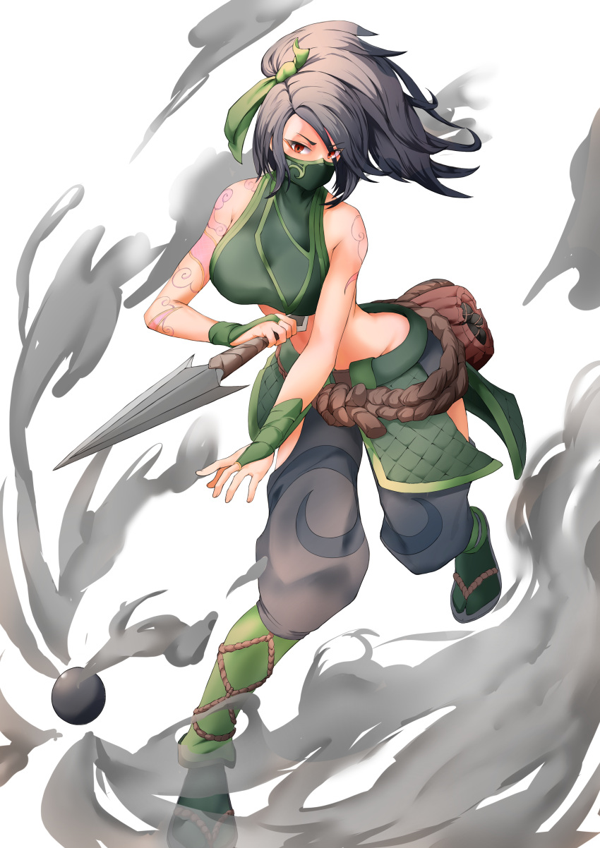 1girl absurdres akali arm_tattoo bare_shoulders belt_pouch black_hair breasts bridal_gauntlets clothing_cutout crop_top dagger eyebrows_visible_through_hair floating_hair full_body green_ribbon hair_ribbon highres holding holding_dagger holding_weapon knife kunai league_of_legends long_hair looking_at_viewer mask midriff mouth_mask ninja ninja_mask pharamacom ponytail pouch red_eyes ribbon rope_belt smoke smoke_grenade solo tattoo weapon