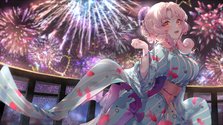 1girl :d absurdres aerial_fireworks animal_print bangs blue_kimono blush breasts commentary_request eyebrows_visible_through_hair fireworks fish_print flower_bracelet from_side hand_up highres houchi_shoujo japanese_clothes kimono kinokohime large_breasts long_hair long_sleeves looking_at_viewer night obi open_mouth outdoors pink_hair print_kimono red_eyes sash smile solo striped vertical-striped_kimono vertical_stripes