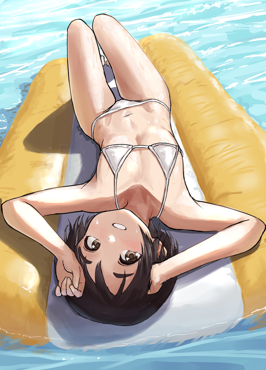 1girl absurdres alternate_costume bangs bare_arms bare_legs bare_shoulders barefoot bikini black_hair blush brown_eyes commentary_request day flat_chest from_above grin highres inflatable_raft kantai_collection kibitarou looking_at_viewer lying maru-yu_(kancolle) micro_bikini navel on_back outdoors short_hair smile solo swimsuit upside-down water wet white_bikini