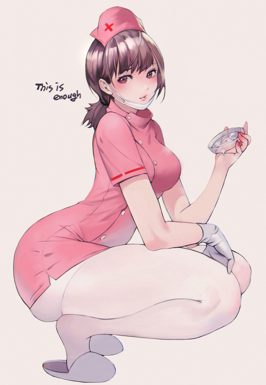 1girl ass blush bobobong breasts gloves hat highres lips looking_at_viewer mask mask_removed nurse nurse_cap original pantyhose petri_dish pink_eyes seductive_smile slippers smile solo squatting thick_thighs thighs