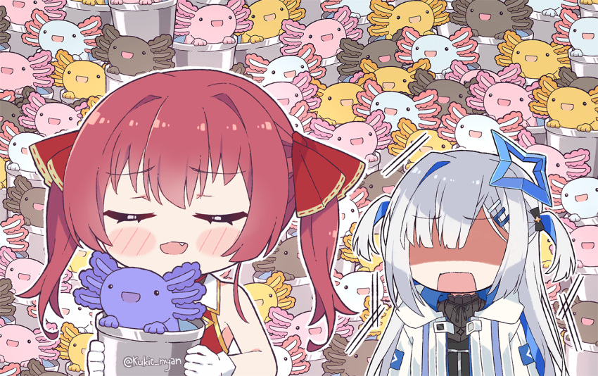 :d =_= amane_kanata axolotl_(minecraft) blue_hair blush_stickers chibi colored_inner_hair commentary english_commentary fang hair_ornament hairclip halo hololive houshou_marine jacket kukie-nyan long_hair minecraft multicolored_hair open_mouth shaded_face silver_hair smile star_halo twitter_username two_side_up violet_eyes virtual_youtuber white_jacket