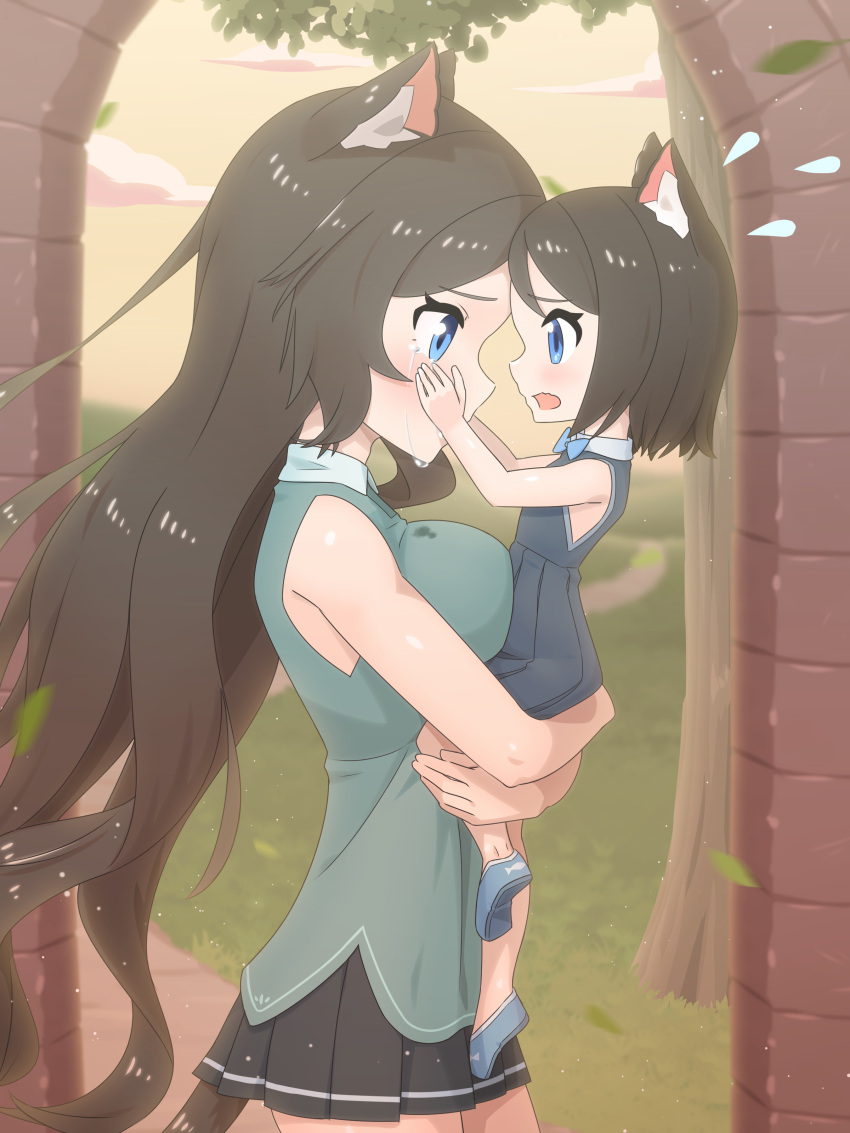 2girls absurdres animal_ear_fluff animal_ears blue_dress blue_eyes blue_footwear blurry blurry_background blush brown_hair cat_ears cat_tail child crying depth_of_field dress eye_contact flying_sweatdrops from_side green_shirt highres holding_person long_hair looking_at_another medium_hair miniskirt mother_and_daughter multiple_girls nekoze_(s22834712) open_mouth original pleated_skirt profile shirt shoes skirt sleeveless sleeveless_shirt standing tail tears tu_ya_(nekoze) very_long_hair