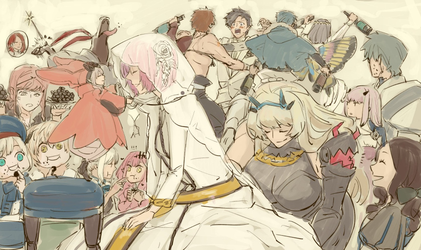 6+boys 6+girls alcohol alternate_costume alternate_hairstyle armor artist_request artoria_pendragon_(caster)_(fate) artoria_pendragon_(fate) baggy_clothes baggy_pants bangs black_armor black_bow black_hair blonde_hair blue_eyes blue_hair blue_headwear blush bow bridal_veil bride brown_eyes centaur centauroid chibi closed_eyes closed_mouth commentary_request crown cu_chulainn_(caster)_(fate) cu_chulainn_(fate) dress eating emiya_shirou eyebrows_visible_through_hair fairy_knight_gawain_(fate) fairy_knight_lancelot_(fate) fairy_knight_tristan_(fate) fairy_wings fate/grand_order fate_(series) flower food formal fujimaru_ritsuka_(male) gareth_(fate) grey_hair groom habetrot_(fate) hair_between_eyes hair_bow hair_flower hair_ornament hat highres holding holding_food juliet_sleeves knocknarea_(fate) leonardo_da_vinci_(fate) leonardo_da_vinci_(rider)_(fate) long_hair long_sleeves mash_kyrielight morgan_le_fay_(fate) multiple_boys multiple_girls oberon_(fate) official_alternate_costume open_mouth orange_hair pants percival_(fate) pink_hair pink_headwear pointy_ears ponytail puffy_sleeves red_hare_(fate) redhead rose seiza senji_muramasa_(fate) sidelocks sitting size_difference smile suit taur tristan_(fate) veil wedding what_if white_dress white_flower white_hair white_rose white_suit wings