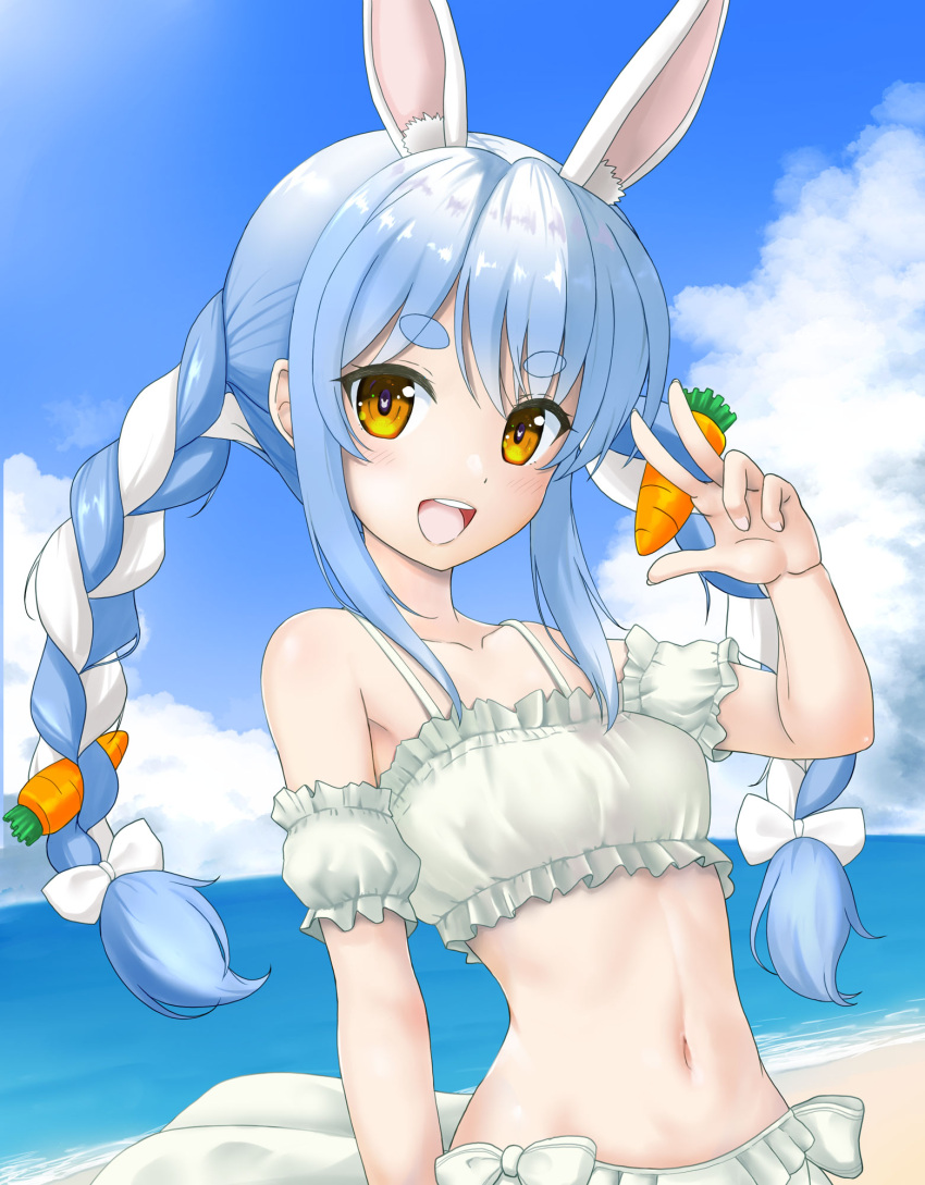 1girl :d animal_ear_fluff bangs bare_shoulders bikini blue_hair blue_sky bow braid brown_eyes bunny-shaped_pupils carrot_hair_ornament clouds commentary_request day detached_sleeves eyebrows_visible_through_hair flipper food-themed_hair_ornament hair_between_eyes hair_bow hair_ornament hand_up highres hololive horizon looking_at_viewer multicolored_hair navel ocean open_mouth outdoors puffy_short_sleeves puffy_sleeves rabbit short_eyebrows short_sleeves sky smile solo swimsuit thick_eyebrows twin_braids twintails two-tone_hair upper_teeth usada_pekora v virtual_youtuber water white_bikini white_bow white_hair white_sleeves