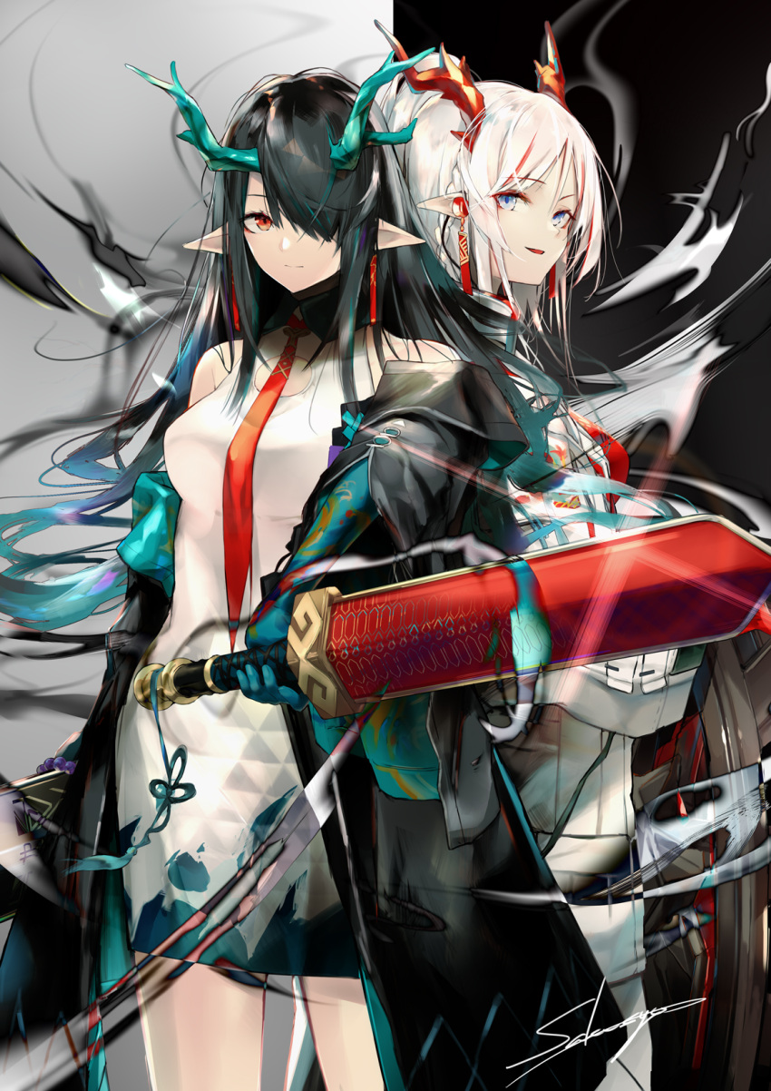 2girls arknights bangs bare_shoulders black_coat black_hair coat commentary_request cowboy_shot dress dusk_(arknights) grey_eyes hair_over_one_eye highres holding holding_sword holding_weapon horns long_hair looking_at_viewer multiple_girls nian_(arknights) off_shoulder open_clothes open_coat parted_lips pencil_dress pointy_ears red_eyes sakusyo short_dress siblings silver_hair sisters smile standing sword weapon white_dress