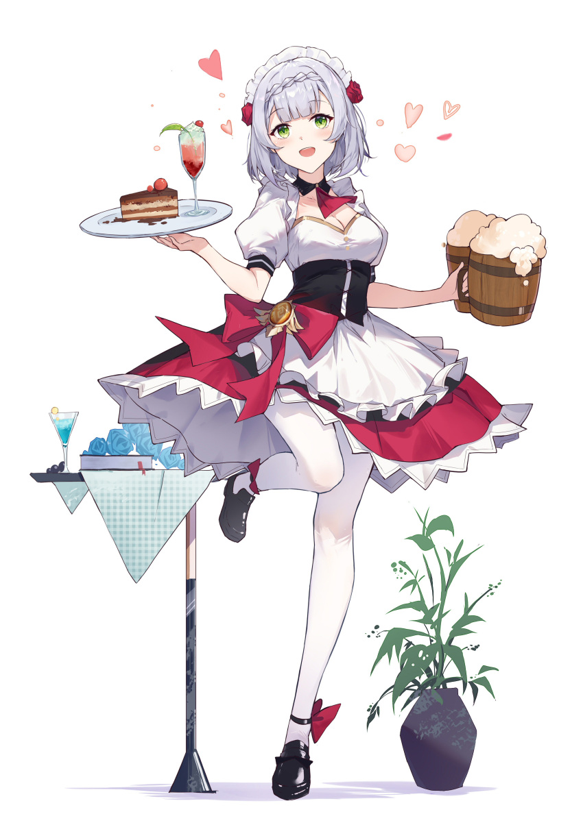 1girl absurdres apron ascot bangs black_footwear breasts cake cake_slice chinese_commentary commentary_request corset cup detached_sleeves dress drinking_glass eyebrows_visible_through_hair food full_body genshin_impact highres holding holding_cup holding_plate looking_at_viewer medium_breasts noelle_(genshin_impact) pantyhose plant plate potted_plant puffy_short_sleeves puffy_sleeves red_dress red_neckwear shirt shoes short_hair short_sleeves solo standing standing_on_one_leg table white_apron white_legwear white_shirt yajuu