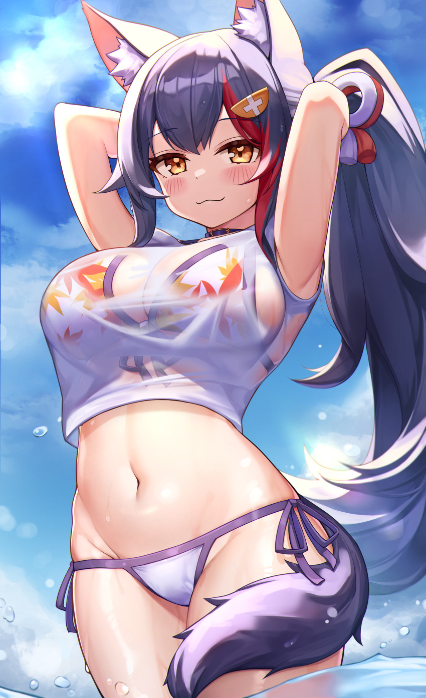 1girl :3 :d absurdres alternate_hairstyle animal_ears armpits arms_behind_head bikini bikini_under_clothes black_hair blue_sky blush breasts brown_eyes closed_mouth clouds day deaver eyebrows_visible_through_hair fang floral_print hair_ornament halterneck highres hololive large_breasts long_hair looking_at_viewer multicolored_hair navel ookami_mio ponytail print_bikini redhead side-tie_bikini sky smile solo streaked_hair string_bikini swimsuit tail virtual_youtuber water wet wolf_ears wolf_tail