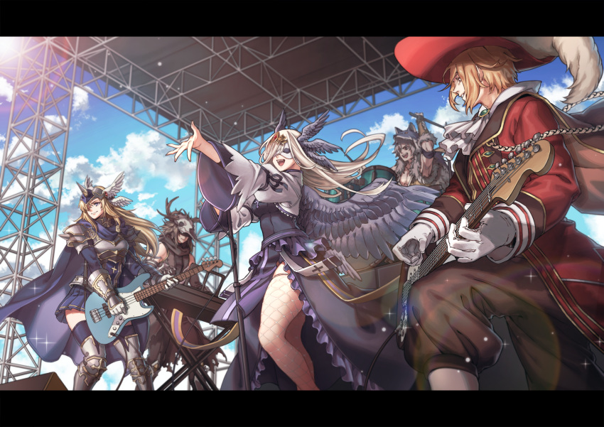 2girls 3boys alternate_color antlers archbishop_(ragnarok_online) armor armored_boots bangs bass_guitar black_dress black_wings blonde_hair blue_cape blue_eyes blue_legwear blue_skirt blue_sky boots breasts brown_hair brown_pants cape closed_mouth clouds concert cross day dress drum drum_set drumming drumsticks electric_guitar feathered_wings feet_out_of_frame fishnet_legwear fishnets full_body gauntlets gloves grey_hair guillotine_cross_(ragnarok_online) guitar hair_between_eyes head_wings highres horned_headwear instrument kauedaiprai keyboard_(instrument) letterboxed long_hair maestro_(ragnarok_online) mask masquerade_mask medium_breasts microphone microphone_stand multiple_boys multiple_girls music official_alternate_costume official_art official_wallpaper open_mouth outdoors pants pauldrons pelt platinum_blonde_hair playing_instrument pleated_skirt ragnarok_online rune_knight_(ragnarok_online) short_hair shoulder_armor singing skirt skull skull_on_head sky smile sniper_(ragnarok_online) sparkle thigh-highs white_gloves white_legwear white_wings wings wolf_pelt