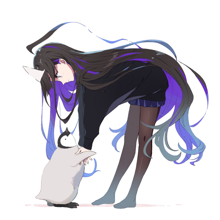 1girl animal bent_over bird black_hair black_sweater blue_skirt brown_legwear closed_mouth commentary_request from_side full_body highres long_sleeves looking_away looking_down multicolored_hair no_shoes original pantyhose penguin pleated_skirt profile puffy_long_sleeves puffy_sleeves purple_hair shadow skirt sleeves_past_wrists smile solo sweater tama_(tama-s) triangular_headpiece two-tone_hair violet_eyes white_background white_headwear yurako-san_(tama)