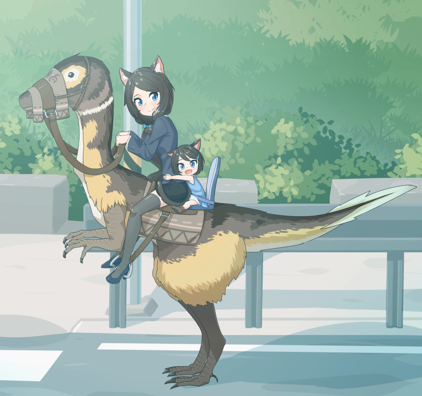 2girls :d absurdres animal_ear_fluff animal_ears black_footwear black_hair black_jacket blue_dress blue_eyes blush brown_footwear cat_ears cat_tail child closed_mouth dinosaur dress from_side grey_legwear guard_rail high_heels highres jacket long_hair long_sleeves looking_at_viewer looking_to_the_side mother_and_daughter multiple_girls nekoze_(s22834712) open_mouth original outdoors riding road shoes short_hair smile tail thigh-highs tu_ya_(nekoze) very_long_hair