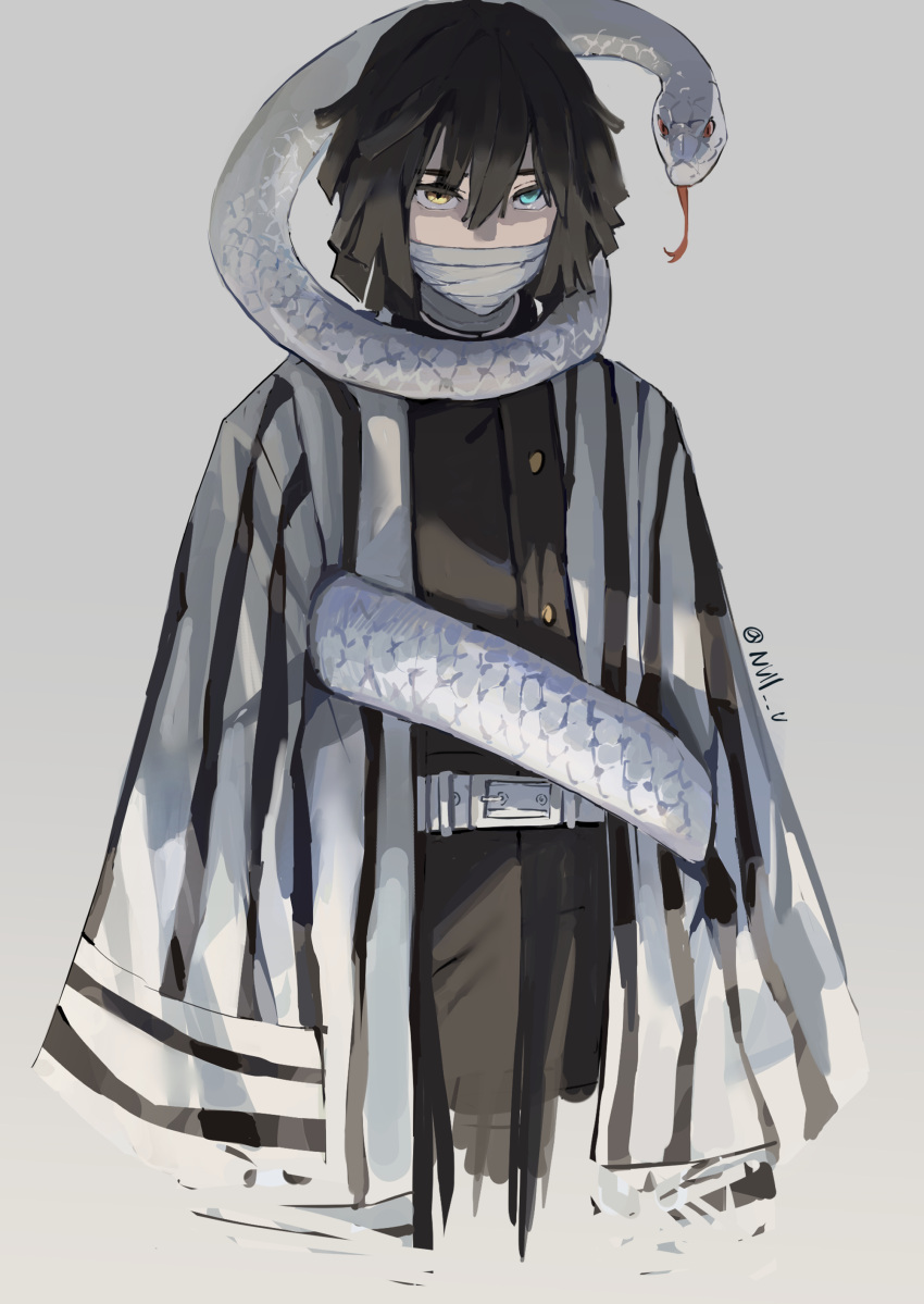 1boy absurdres animal aqua_eyes bandage_on_face bandages belt black_hair gradient gradient_background grey_background heterochromia highres iguro_obanai kimetsu_no_yaiba looking_at_viewer male_focus null_(skev7724) red_eyes signature sleeves_past_fingers sleeves_past_wrists snake striped striped_clothes tongue tongue_out twitter_username white_belt white_snake wrapping yellow_eyes