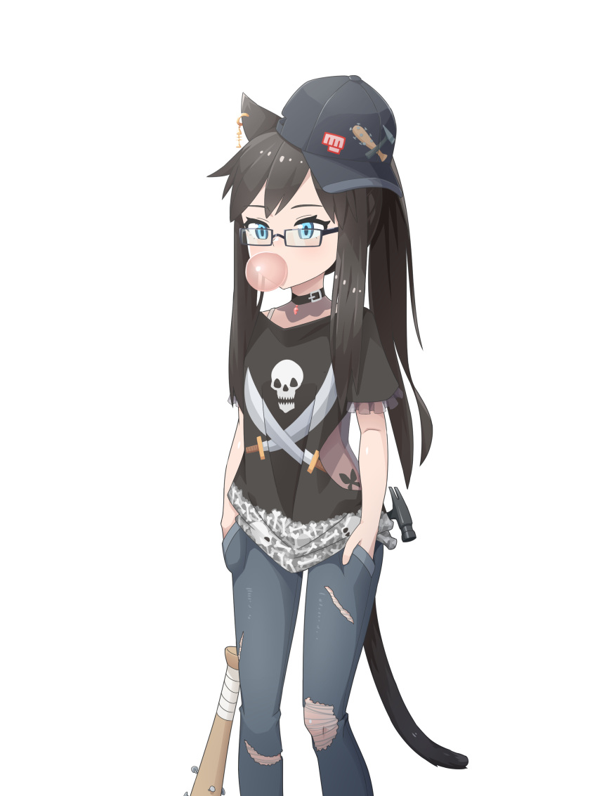 1girl absurdres animal_ears baseball_bat black-framed_eyewear black_headwear black_shirt blue_eyes blue_pants brown_hair bubble_blowing butterfly_tattoo cat_ears cat_tail chewing_gum denim earrings glasses hammer hands_in_pockets hat highres jeans jewelry nekoze_(s22834712) original pants ponytail shirt short_sleeves sidelocks sideways_hat simple_background skull_print solo spiked_bat standing tail tattoo torn_clothes torn_pants white_background