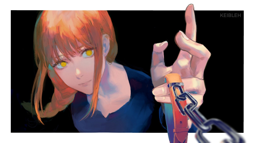 1girl clothes collar highres holding keibleh looking_at_viewer makima_(chainsaw_man) redhead shadow simple_background smile solo_focus twitter yellow_eyes