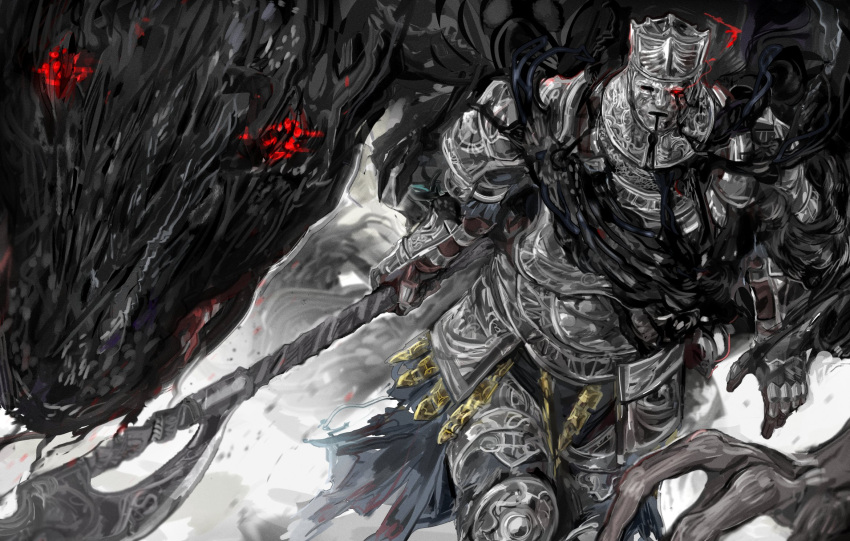 1boy armor breastplate dark_souls_(series) dark_souls_iii faulds full_armor gauntlets glowing glowing_eye greaves halberd helm helmet highres holding holding_polearm holding_weapon iudex_gundyr light_trail looking_at_viewer male_focus monster nslacka pauldrons polearm red_eyes shoulder_armor solo walking weapon white_background