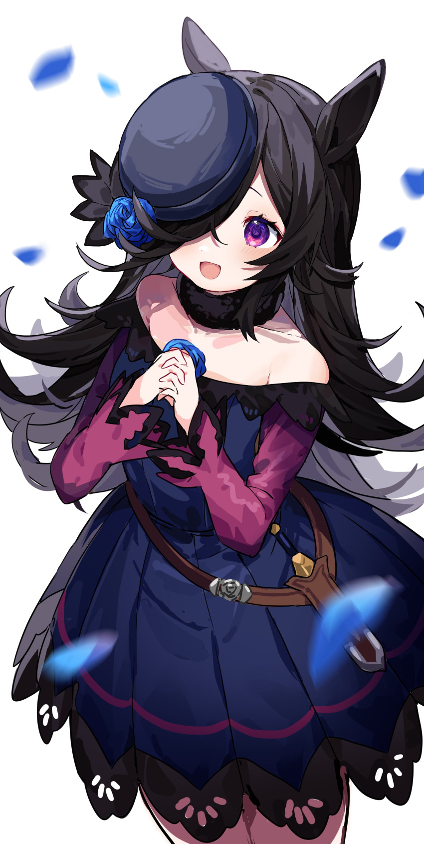 1girl absurdres animal_ears bangs black_hair blue_flower blue_headwear blue_rose blush dagger dress flower fur_collar hair_over_one_eye hands_together hat hat_flower highres horse_ears horse_girl inu_(puputizy) knife long_hair long_sleeves off-shoulder_dress off_shoulder open_mouth petals rice_shower_(umamusume) rose simple_background solo tilted_headwear umamusume very_long_hair violet_eyes weapon white_background