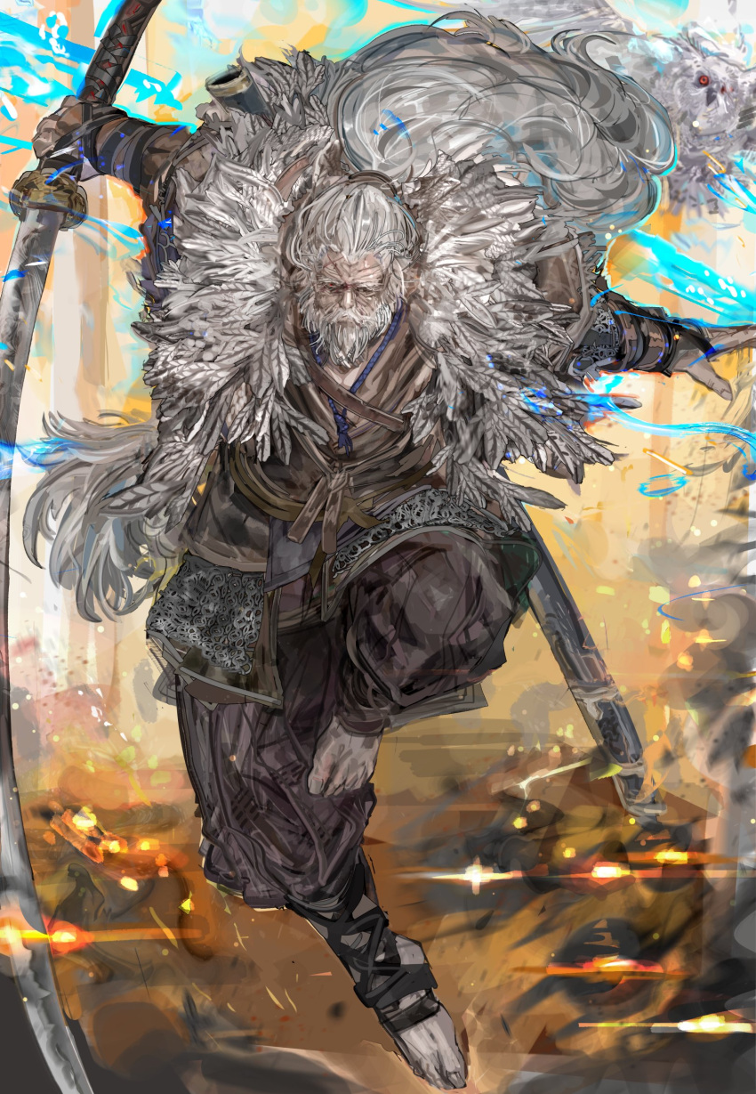 1boy armor beard facial_hair facing_viewer faulds full_body great_shinobi_owl grey_hair highres holding holding_sword holding_weapon japanese_armor japanese_clothes jumping katana kote long_hair male_focus nslacka old old_man ponytail scabbard scar sekiro:_shadows_die_twice sheath solo sword very_long_hair weapon