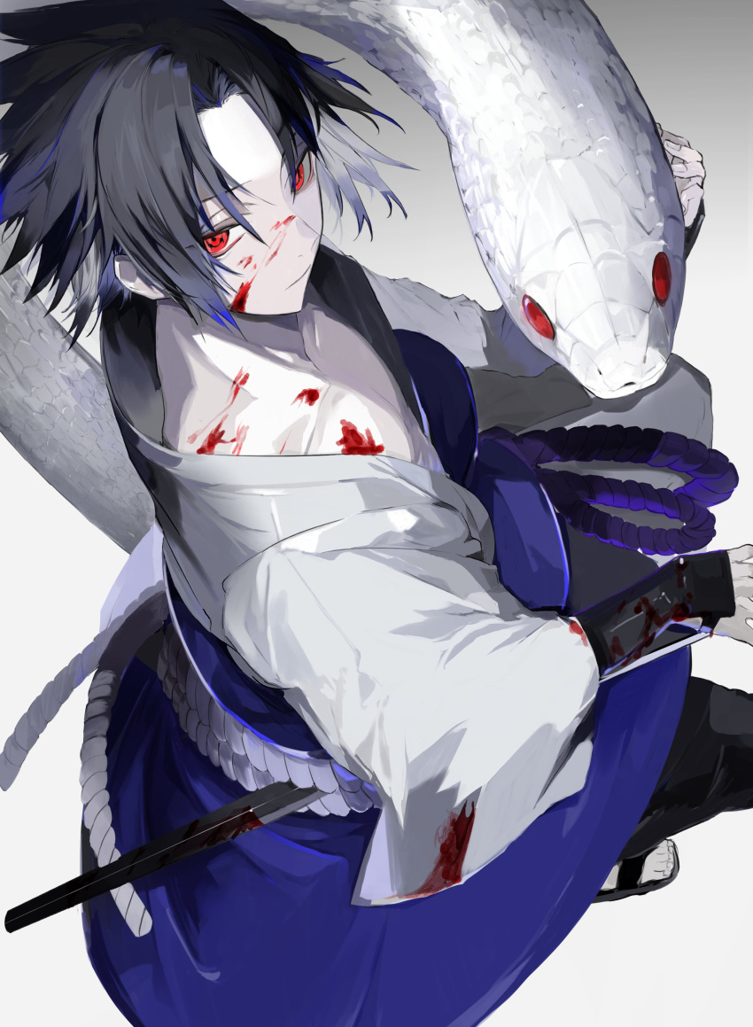 1boy absurdres animal armor bangs black_hair black_pants blood blood_on_chest blood_on_clothes blood_on_face closed_mouth collarbone full_body highres japanese_armor japanese_clothes kote kushiro_kuki long_sleeves looking_at_viewer male_focus naruto_(series) naruto_shippuuden pants parted_bangs red_eyes sandals sharingan sheath sheathed short_hair simple_background snake solo sword uchiha_sasuke weapon white_background white_snake