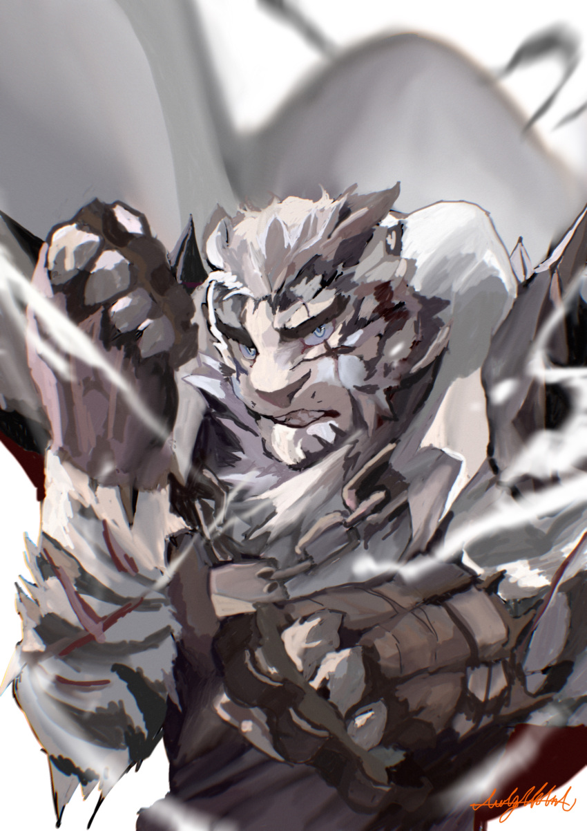 1boy absurdres arknights awa_sakana black_fur black_shirt brass_knuckles cape chain clenched_teeth commentary_request furry highres korean_commentary looking_at_viewer male_focus mountain_(arknights) parted_lips scar_on_arm shirt signature solo teeth upper_body weapon white_background white_cape white_fur