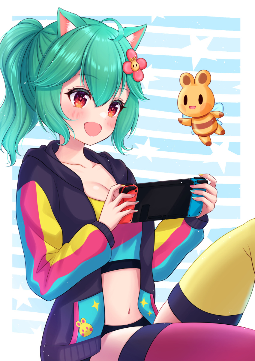 1girl :d ahoge animal_ears asymmetrical_legwear blush cat_ears closed_eyes collarbone commission fingernails flower-shaped_pupils green_eyes green_hair handheld_game_console highres hiiragi_kei holding holding_handheld_game_console hood hooded_jacket indie_virtual_youtuber jacket midriff mismatched_legwear mismatched_nail_polish nail_polish navel nintendo_switch open_clothes open_jacket open_mouth pink_legwear ponytail rosedoodle_(vtuber) simple_background sitting skeb_commission smile solo tank_top thigh-highs virtual_youtuber yellow_legwear