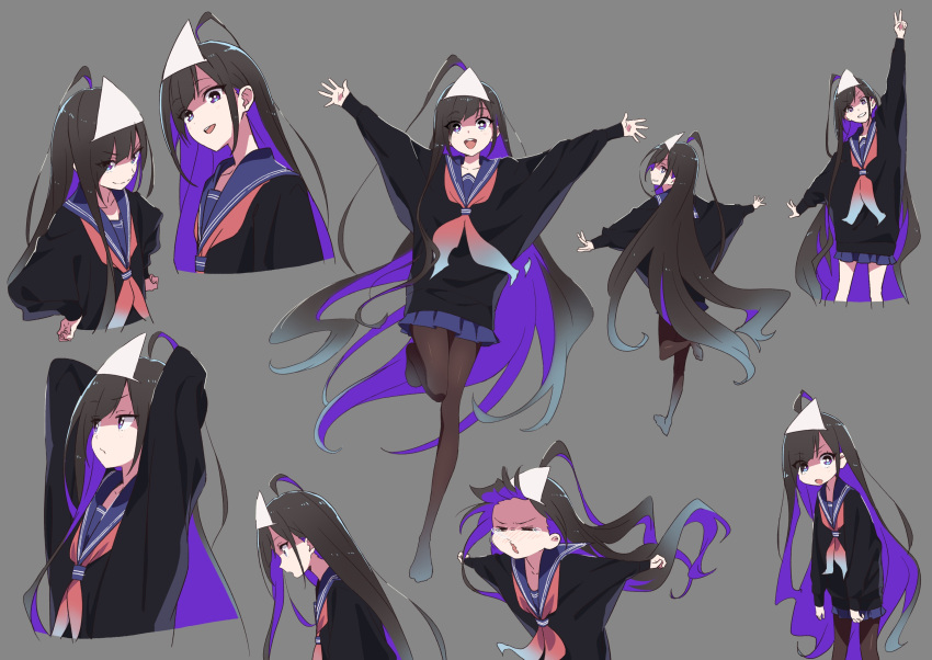 &gt;:) 1girl :d =_= absurdres ahoge arms_behind_head arms_up bangs black_hair black_shirt blue_neckwear blue_sailor_collar blue_skirt blush brown_legwear closed_eyes closed_mouth collarbone eyebrows_visible_through_hair grey_background highres long_hair long_sleeves multicolored_hair multiple_views neckerchief no_shoes nose_blush open_mouth original outstretched_arms pantyhose parted_lips pleated_skirt puffy_long_sleeves puffy_sleeves purple_hair red_neckwear sailor_collar shirt simple_background skirt sleeves_past_wrists smile spread_arms standing standing_on_one_leg tama_(tama-s) tears triangular_headpiece two-tone_hair upper_teeth v-shaped_eyebrows very_long_hair violet_eyes wavy_mouth white_headwear yurako-san_(tama)