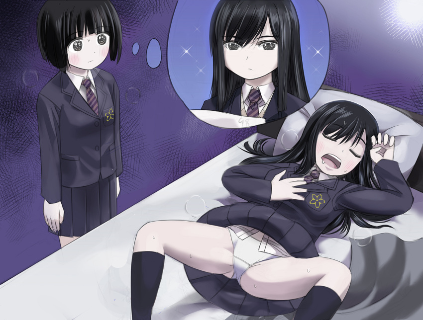 2girls bed black_eyes black_hair blush bob_cut clothes_lift commentary drooling expressionless hosoinogarou imagining koguma_(super_cub) long_hair looking_at_another multiple_girls necktie on_bed open_mouth panties pillow purple_background reiko_(super_cub) school_uniform short_hair simple_background skirt skirt_lift sleeping snoring sparkle spread_legs super_cub sweat thought_bubble underwear upper_teeth white_panties yuri