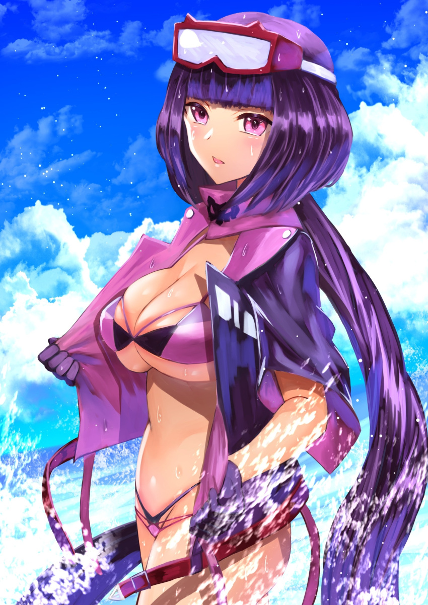 1girl absurdres bikini blue_sky breasts clouds curecycadura fate/grand_order fate_(series) gloves goggles goggles_on_head highres jacket large_breasts long_hair ocean osakabe-hime_(fate) osakabe-hime_(swimsuit_archer)_(fate) pink_eyes sky swimsuit water
