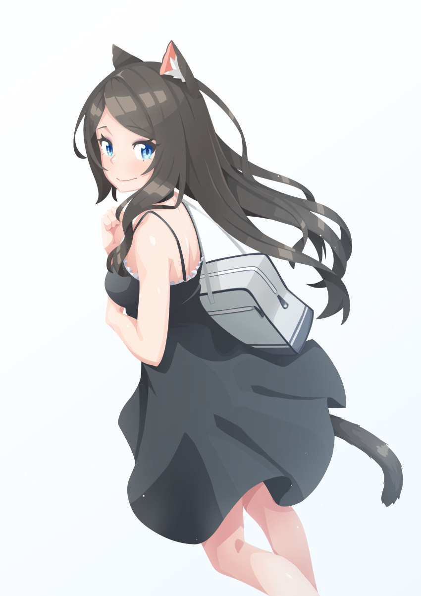 1girl absurdres animal_ear_fluff animal_ears bag black_choker black_dress blue_eyes blush breasts brown_hair cat_ears cat_tail choker closed_mouth dress from_side highres long_hair looking_at_viewer looking_to_the_side medium_breasts nekoze_(s22834712) original school_bag shoulder_bag simple_background smile solo standing tail tu_ya_(nekoze) white_background