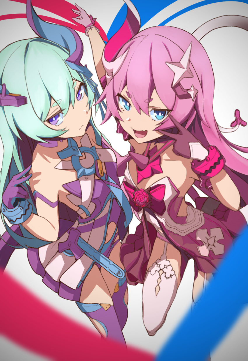2girls :d alternate_color asymmetrical_gloves bangs bare_shoulders blue_eyes blue_hair breasts closed_mouth fang gloves hair_between_eyes hair_ornament highres honkai_(series) honkai_impact_3rd liliya_olenyeva looking_at_viewer mismatched_gloves multiple_girls nanase_hibiki open_mouth pink_hair purple_gloves purple_legwear rozaliya_olenyeva siblings small_breasts smile tail thick_eyebrows thigh-highs twins v white_background white_gloves white_legwear