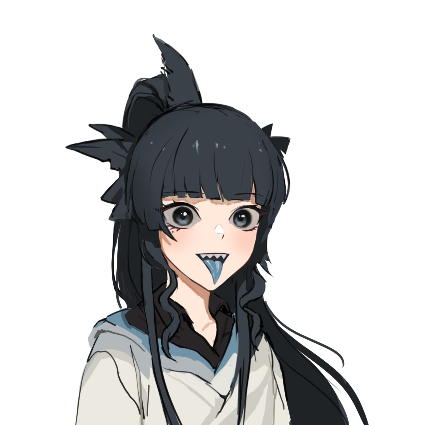 1girl artemis_of_the_blue atelier_live bangs black_eyes black_hair blue_tongue colored_tongue commentary copyright_request eyebrows_visible_through_hair highres indie_virtual_youtuber japanese_clothes jason_kim kimono long_hair looking_at_viewer mole mole_under_eye open_mouth ponytail sharp_teeth simple_background solo teeth tongue tongue_out upper_body virtual_youtuber white_background white_kimono