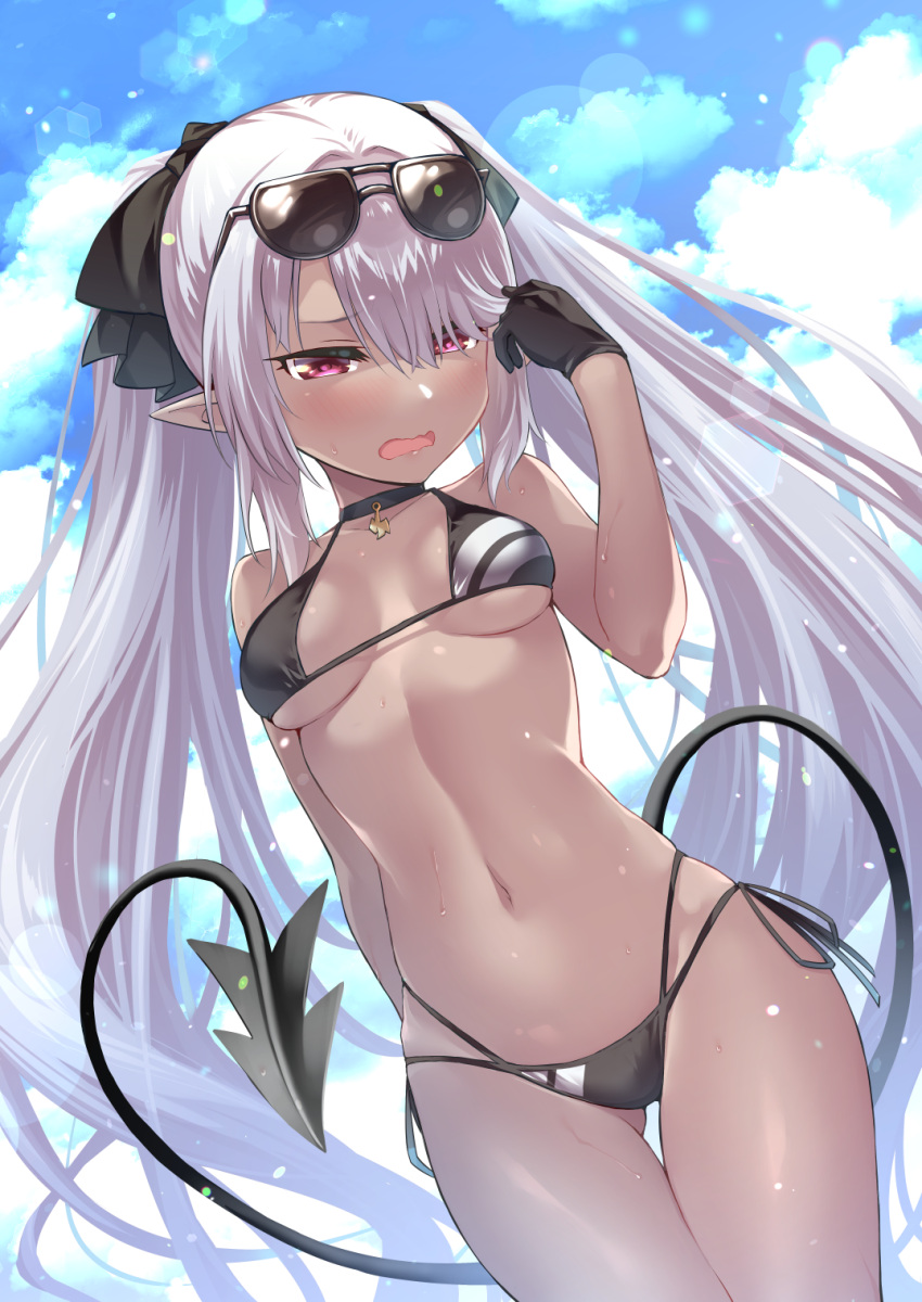 1girl ass_visible_through_thighs black_footwear black_gloves blue_archive blue_sky breasts choker clouds dark-skinned_female dark_skin eyewear_on_head gloves hair_ribbon highres iori_(blue_archive) long_hair navel ono_misao open_mouth pointy_ears purple_hair ribbon sky solo sunglasses sweat tail twintails very_long_hair violet_eyes