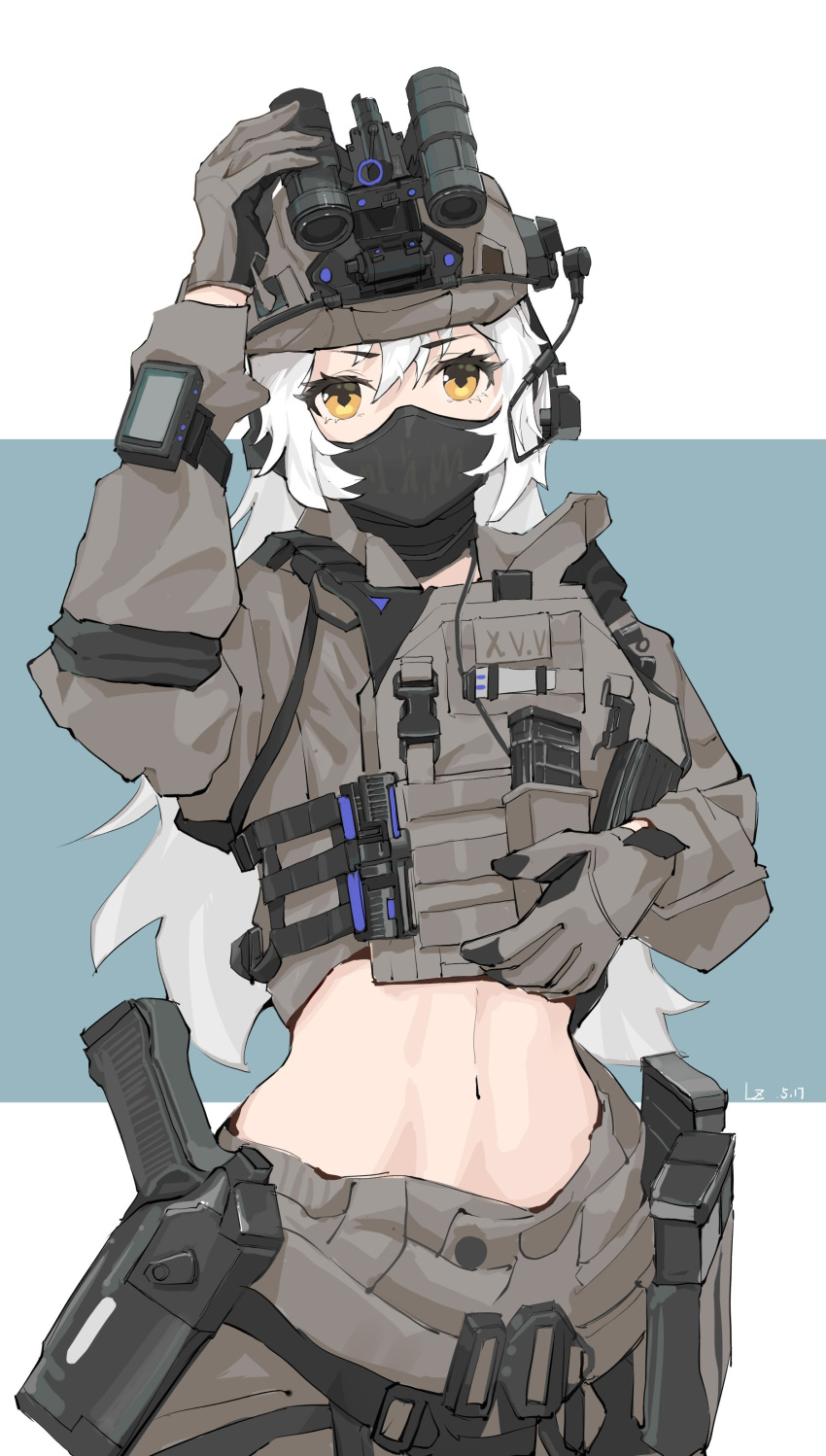 1girl abs absurdres gloves goggles goggles_on_headwear gun handgun hazo helmet highres holster holstered_weapon long_hair looking_at_viewer magazine_(weapon) mask military military_operator military_uniform mouth_mask navel night_vision original solo uniform watch watch weapon white_hair yellow_eyes