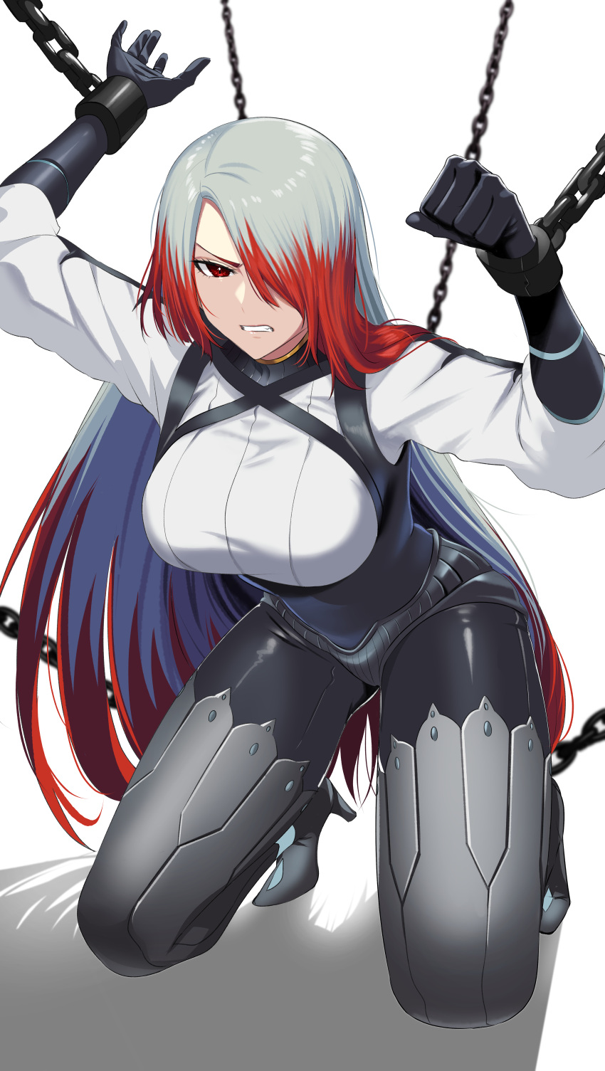 1girl absurdres asmodeus_(megido72) black_bodysuit black_gloves bodysuit boots bound bound_wrists breasts chained_wrists clenched_hand clenched_teeth frown gloves gou_d grey_footwear grey_hair hair_over_one_eye hands_up high_heel_boots high_heels highres large_breasts long_hair looking_at_viewer megido72 multicolored_hair one_eye_covered red_eyes redhead restrained shirt simple_background solo teeth thigh-highs thigh_boots two-tone_hair v-shaped_eyebrows very_long_hair white_background white_shirt