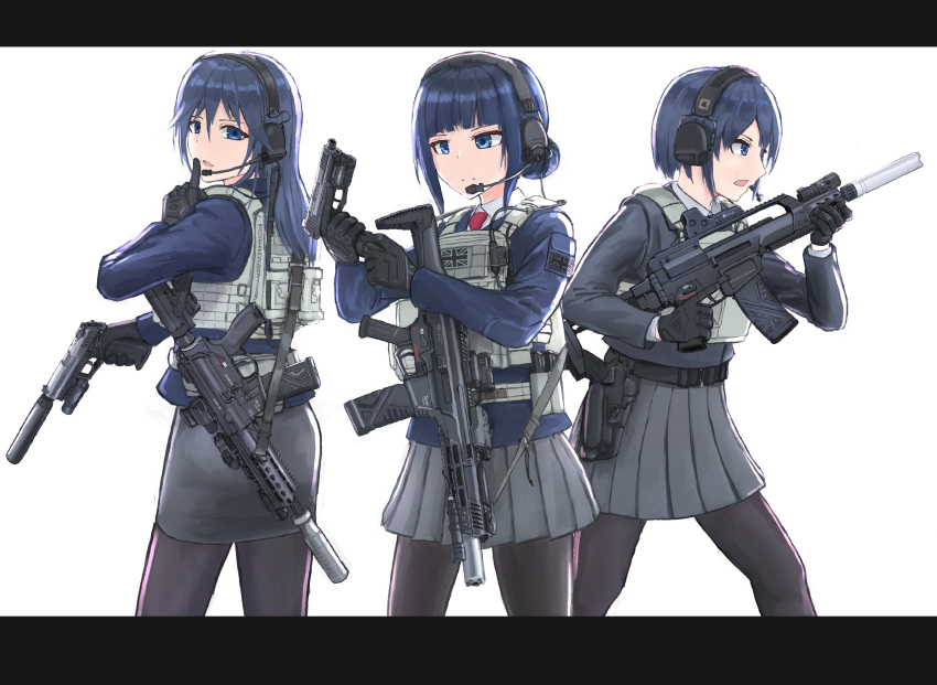 3girls absurdres acog assault_rifle blue_hair bulletproof_vest commentary_request d-sawa613 gun handgun highres holding holding_gun holding_weapon jacket laser_sight long_hair miniskirt multiple_girls necktie original pantyhose pleated_skirt reloading rifle scope short_hair siblings sisters skirt suppressor union_jack weapon weapon_request