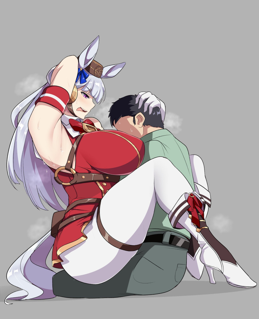 1boy 1girl altronage animal_ears armpits assertive_female between_breasts blush breasts face_between_breasts gloves gold_ship_(umamusume) green_pants green_shirt head_between_breasts hetero high_heels highres horse_ears huge_breasts jacket leg_lock legs long_hair open_mouth pants pillbox_hat red_jacket shirt silver_hair sweat tall_female tongue tongue_out umamusume violet_eyes white_gloves white_pants