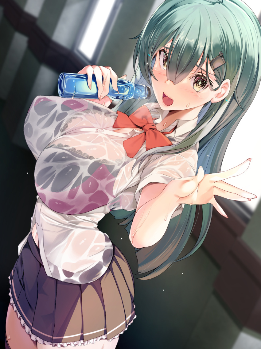 1girl aqua_hair bangs black_skirt blurry blurry_background blush bottle bra bra_through_clothes breasts frilled_skirt frills hair_ornament hairclip highres holding holding_bottle huge_breasts kantai_collection long_hair looking_at_viewer open_mouth pleated_skirt ramune red_bra red_neckwear see-through shirt short_sleeves skirt solo suzuya_(kancolle) torisan underwear wet wet_clothes wet_shirt white_shirt yellow_eyes
