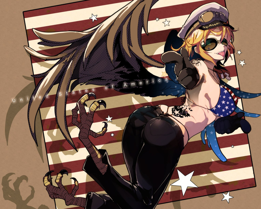 1girl american_flag american_flag_bikini_top animal_feet ass bangs bird_legs black_pants blonde_hair breasts brown_background brown_wings commentary_request dog_tags eyebrows_visible_through_hair facial_tattoo feathered_wings feathers flat_cap goggles goggles_on_headwear harpy hat highres medium_breasts monster_girl original panties pants pointing ryuu_tou short_hair solo star_(symbol) string_panties sunglasses talons tattoo tongue tongue_out underwear wings