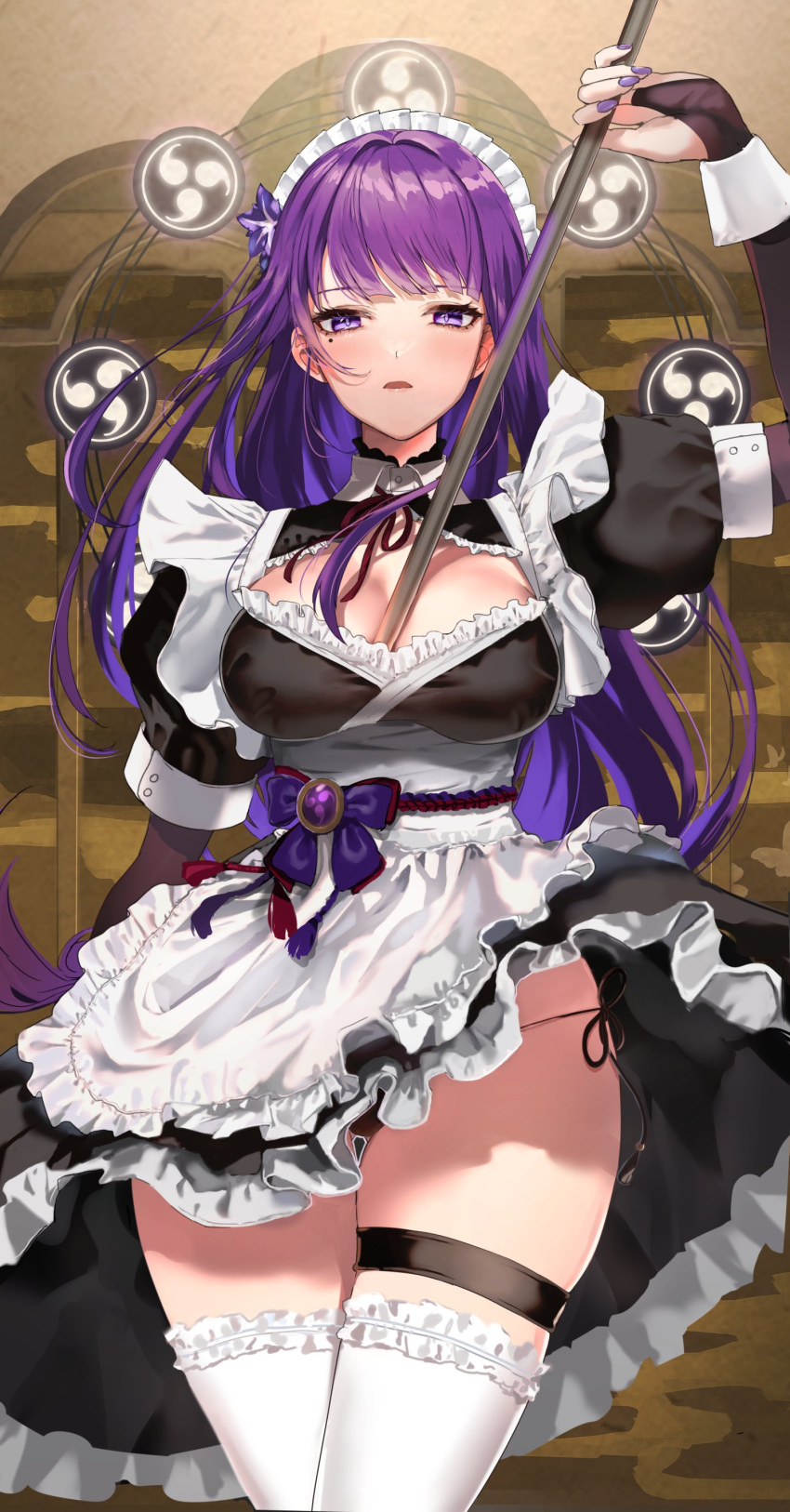 1girl absurdres alternate_costume apron arm_up ass_visible_through_thighs bangs between_breasts black_dress black_legwear black_panties blush breasts bridal_gauntlets commentary dress enmaided eyebrows_visible_through_hair frilled_apron frilled_dress frills genshin_impact hair_ornament half-closed_eyes highres holding large_breasts long_hair looking_at_viewer maid maid_headdress mole mole_under_eye nail_polish panties pantyshot parted_lips puffy_short_sleeves puffy_sleeves purple_hair purple_nails raiden_(genshin_impact) red_neckwear shiny shiny_hair short_sleeves side-tie_panties simple_background solo thigh-highs thigh_strap thighs underwear violet_eyes weapon white_apron white_background yavalley