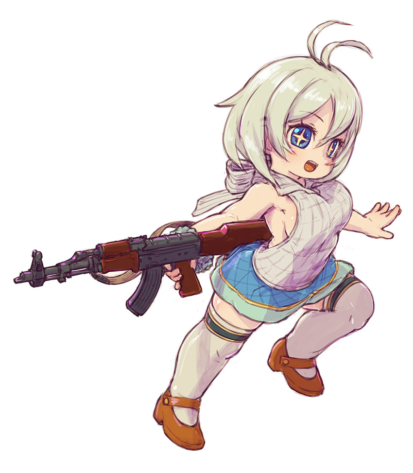 1girl ak-47 assault_rifle back_bow bangs blonde_hair blue_eyes blue_skirt blush bow breasts brown_footwear character_request clothing_request commentary_request copyright_request dot_nose eyebrows_visible_through_hair feral_lemma finger_on_trigger from_side full_body gun hair_between_eyes highres holding holding_gun holding_weapon kalashnikov_rifle looking_at_viewer looking_to_the_side magazine_(weapon) medium_hair open_mouth outstretched_arms rifle shoes sideboob simple_background siro_(dennou_shoujo_youtuber_siro) skipping skirt sleeveless solo tareme thigh-highs weapon white_background