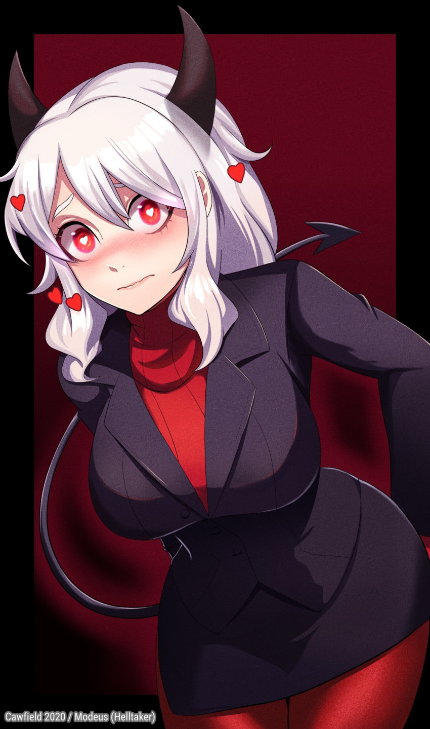 1girl 2020 artist_name black_jacket black_skirt blush breasts cawfield character_name demon_girl demon_horns demon_tail formal heart heart-shaped_pupils helltaker highres horns jacket large_breasts looking_at_viewer medium_hair modeus_(helltaker) red_eyes red_sweater ribbed_sweater skirt solo suit sweater symbol-shaped_pupils tagme tail white_hair