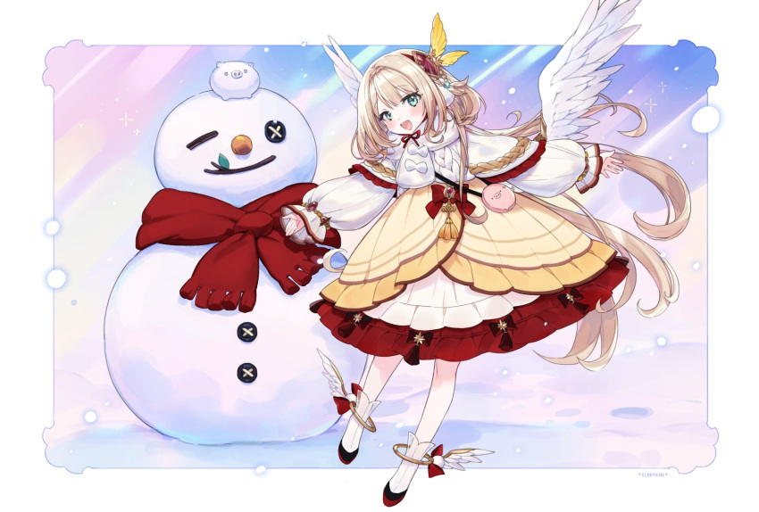 1girl angel_wings aqua_eyes bangs blonde_hair bow chae_ara elreyiens eyebrows_visible_through_hair highres korean_commentary leaning_forward long_hair looking_at_viewer nijisanji nijisanji_kr open_hands red_bow red_skirt scarf skirt skirt_set smile snow snowing snowman solo very_long_hair virtual_youtuber white_scarf white_skirt wings yellow_skirt