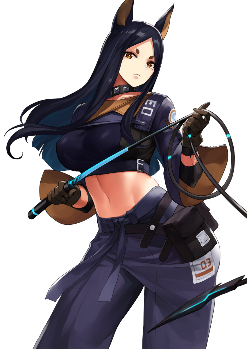 1girl absurdres animal_ears arknights bad_id bad_pixiv_id bag belt black_hair breasts brown_hair collar dobermann_(arknights) dog_ears dog_girl gloves groin highres holding holding_weapon holding_whip jacket jewelry knatb linea_alba long_hair looking_at_viewer navel necklace pants simple_background solo stomach weapon whip white_background